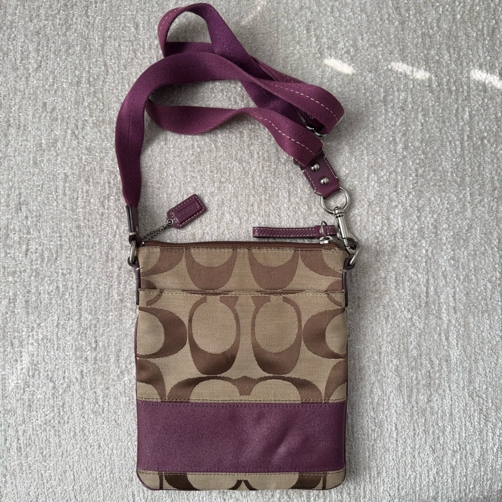 Coach Signature Canvas Jacquard Maroon and Purple Crossbody Bag